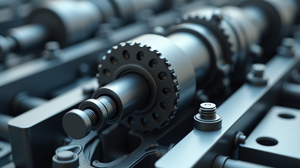 Close-up view of a mechanical assembly 3D rendering showing detailed parts and connections