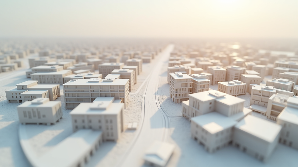 High angle view of a 3D rendered construction site model showing building phases