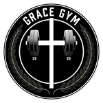 Grace Gym circular logo with barbell, weight plates, laurel branches, and 2025 text.