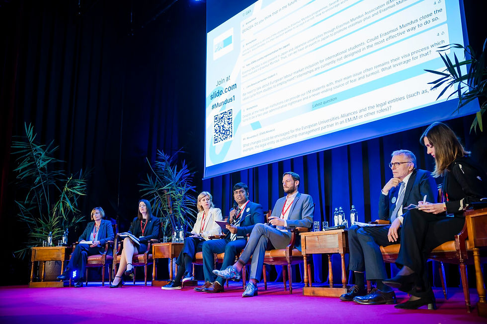 Photo of panellists sitting on the stage, moderated by Irina Ferencz, Director of the Academic Cooperation Association (ACA), also featured insights from Axel Aerden (Managing Director Flanders, Accreditation Organisation of the Netherlands and Flanders (NVAO), Belgium (Flanders)/the Netherlands), Clare McManus (Head of Central & East European Studies, Dean for Global Engagement –Southeast Asia & Australasia, University of Glasgow, United Kingdom), Loreta Paulauskaite (International Contact Point for Erasmus+ Spanish National Agency (SEPIE), Spain, Philippe Ruffio (Head of Sector, European Education and Culture Executive Agency (EACEA), Belgium) and Mara Thiene, Department Land, Environment, Agriculture and Forestry (TESAF), Rector’s Delegate, Joint Degree and International Ranking, University of Padua, Italy), each contributing to the celebration of two decades of impact and innovation in higher education through Erasmus Mundus.