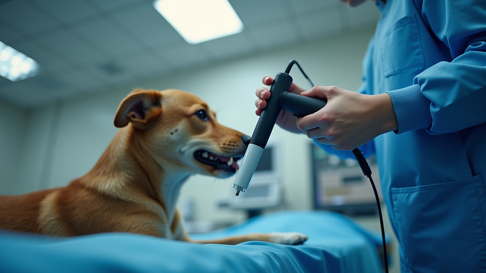 Eye-level view of a veterinary technician preparing an ultrasound probe for a pet examination