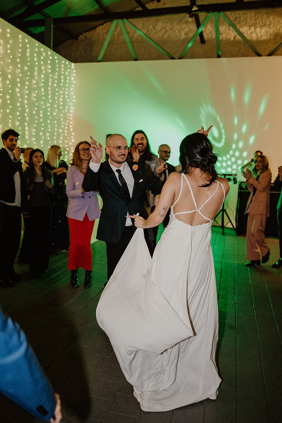 The wedding guests dance inside the gallery space at Moore and Moore in Fremantle