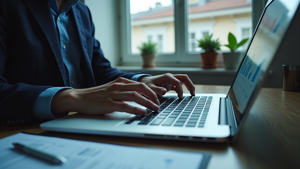 Eye-level view of a business professional analyzing financial data on a laptop