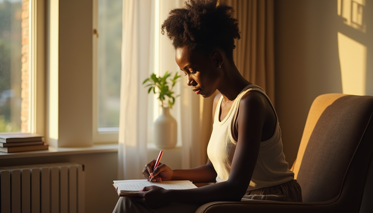 Eye-level view of a Black woman sitting quietly in a sunlit room, reflecting with a journal on her lap