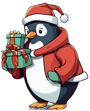penguin wearing a Santa suit and carrying a bag with presents.png