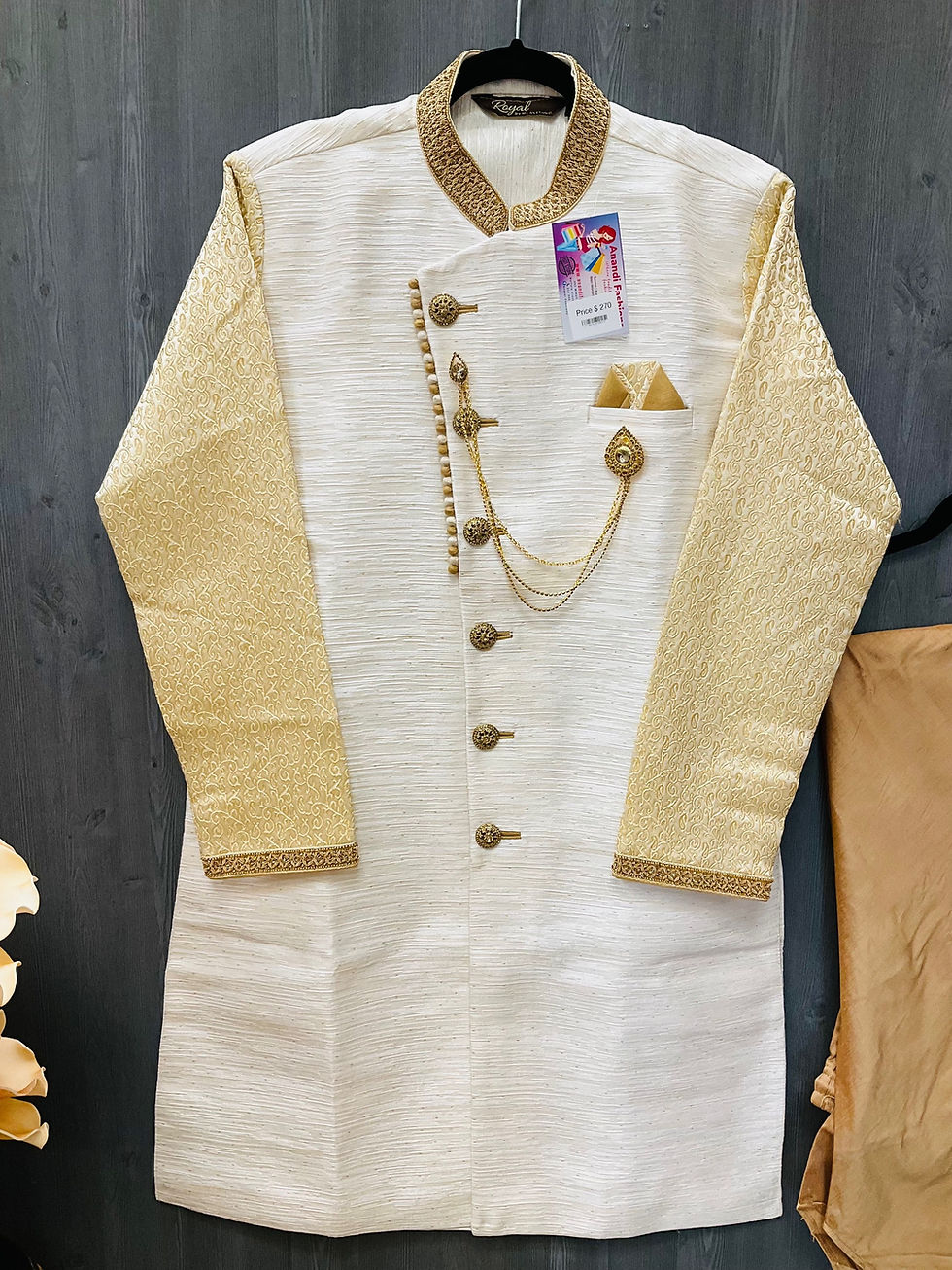 Thumbnail: Dhoti Kurta - Wedding Party Men’s Yellow Sherwani with Dhoti Pant