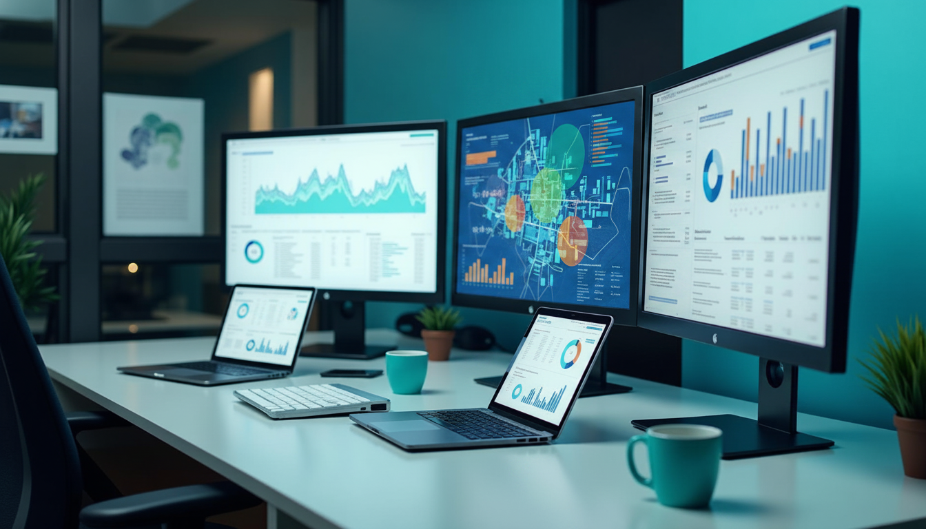 Postazione di lavoro con grafici di segmentazione e controllo budget non testuali