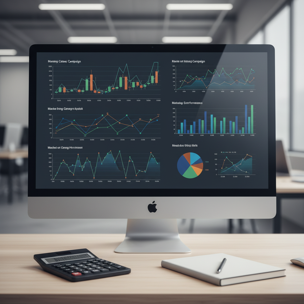 Schermi con dati e grafici per il monitoraggio di budget e performance pubblicitarie