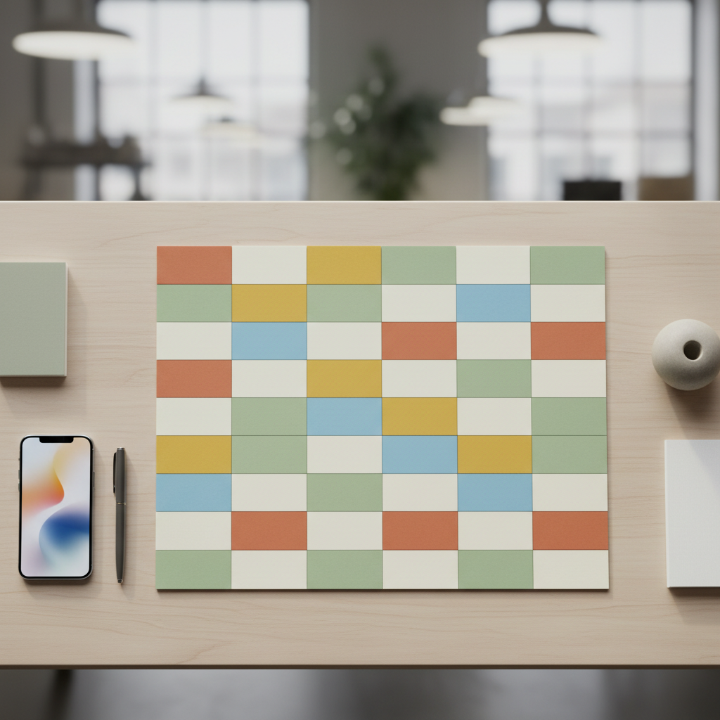 Scrivania con calendario editoriale, smartphone e materiali di pianificazione social senza testi leggibili