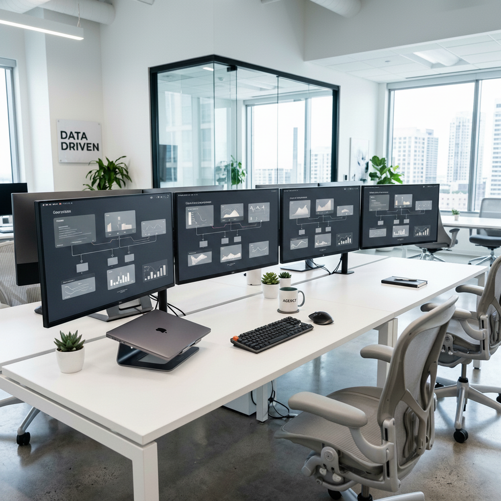 Schermi con dashboard pubblicitaria astratta e grafici non leggibili in ambiente professionale
