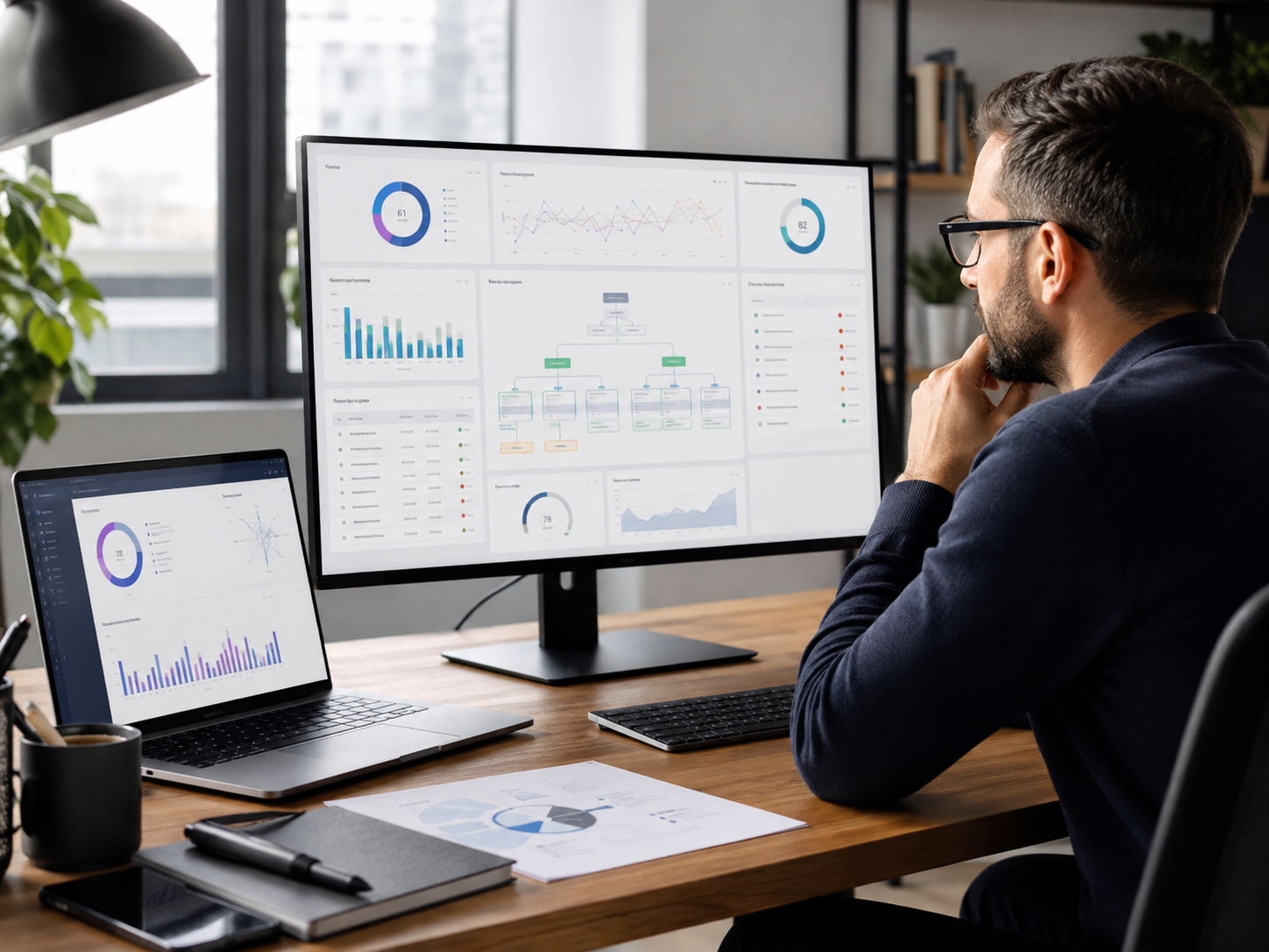 Schermo con analisi tecnica di un sito web e dati di scansione