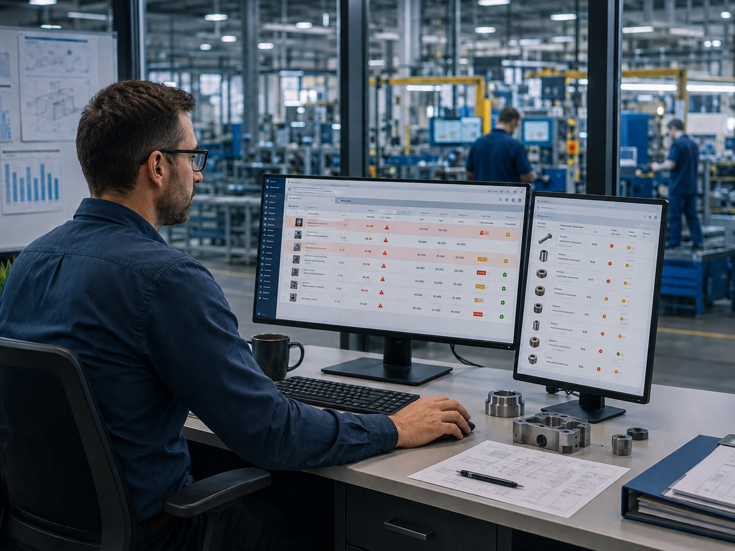 Dashboard industriale con segnalazioni di materiali mancanti per commessa