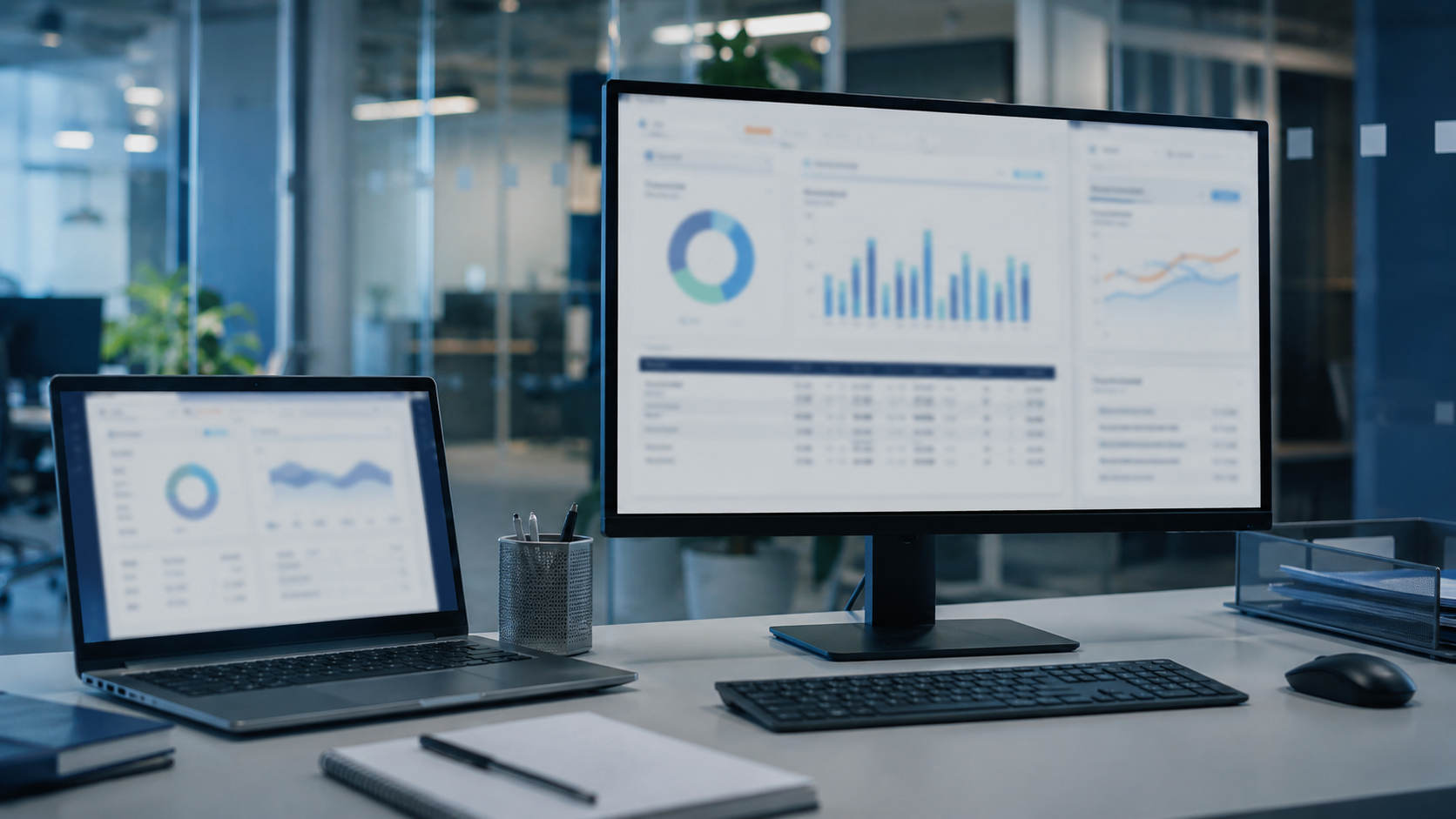 Postazione ufficio con dashboard gestionali per integrazione MRP ed ERP