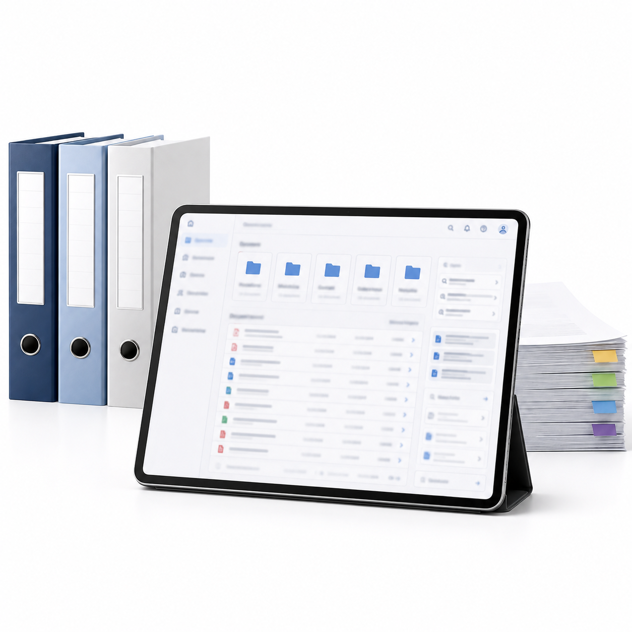 Archivio di documenti aziendali organizzati accanto a una postazione digitale per consultazione rapida