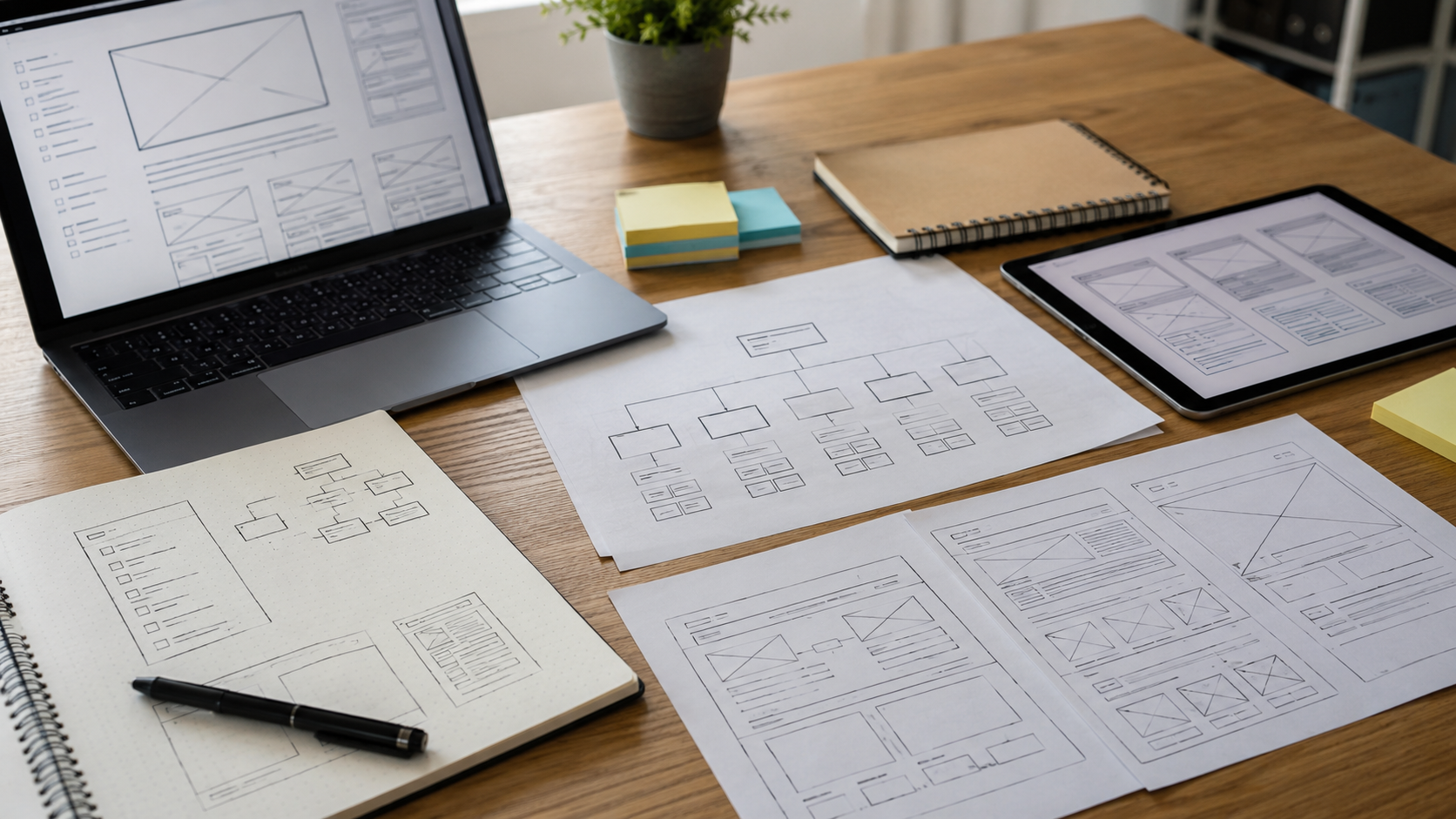 Wireframe di pagine web responsive progettate su più dispositivi