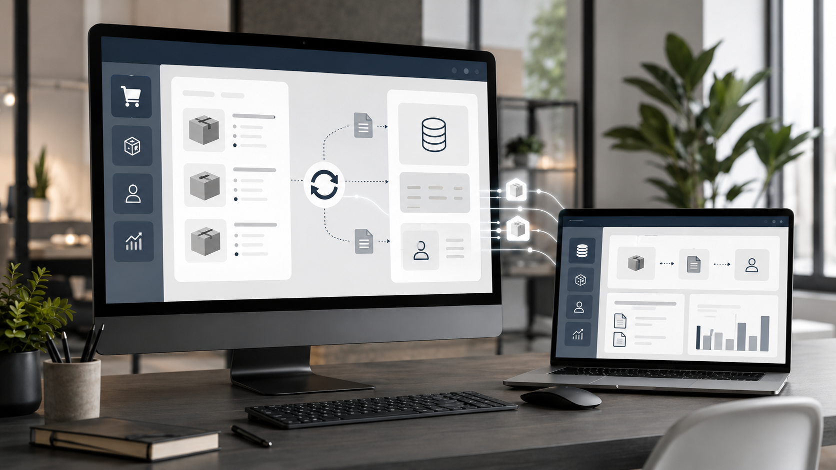 Computer e server aziendali collegati per lo scambio automatico dei dati degli ordini