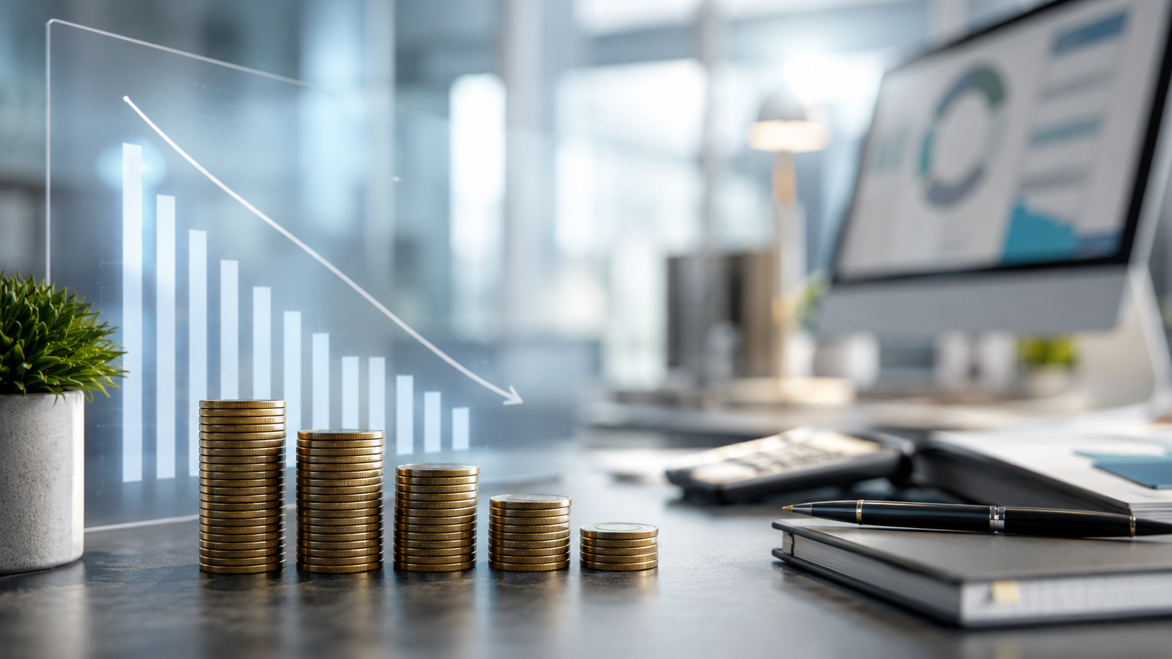 Grafico in calo e monete per rappresentare riduzione di tempi e costi