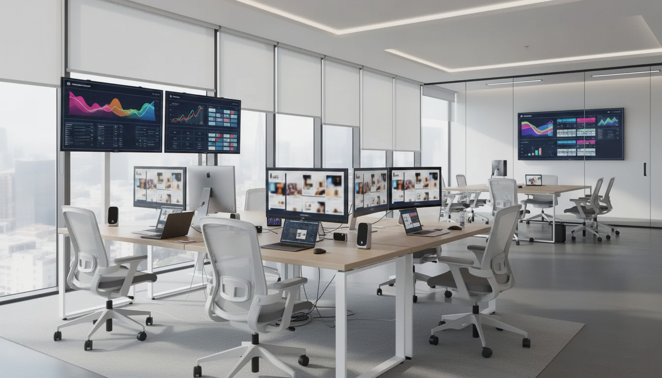 Dashboard analitica su più monitor con grafici di andamento, ambiente vuoto e professionale