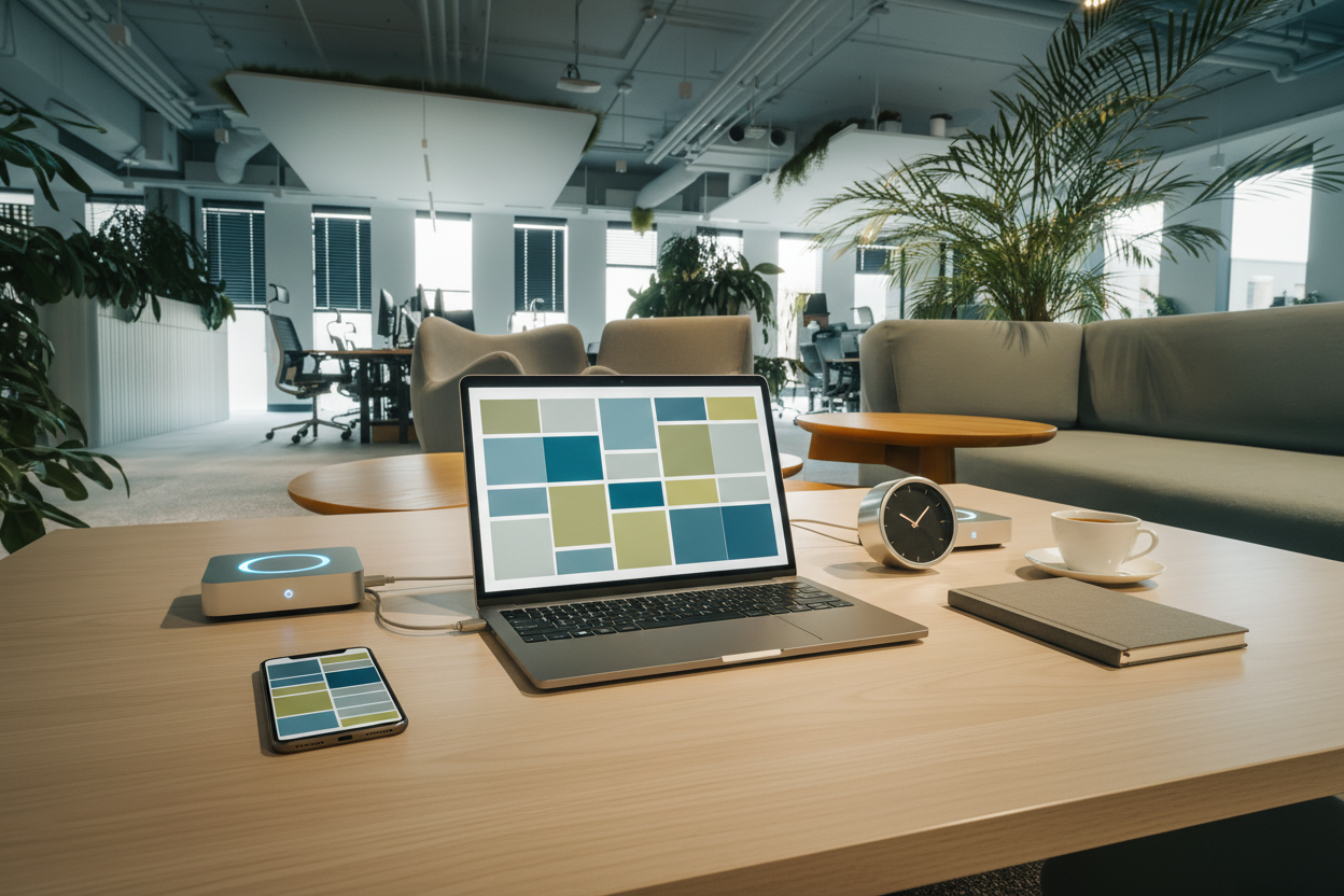 Postazione di lavoro ordinata con agenda, computer e smartphone, ambiente professionale senza persone