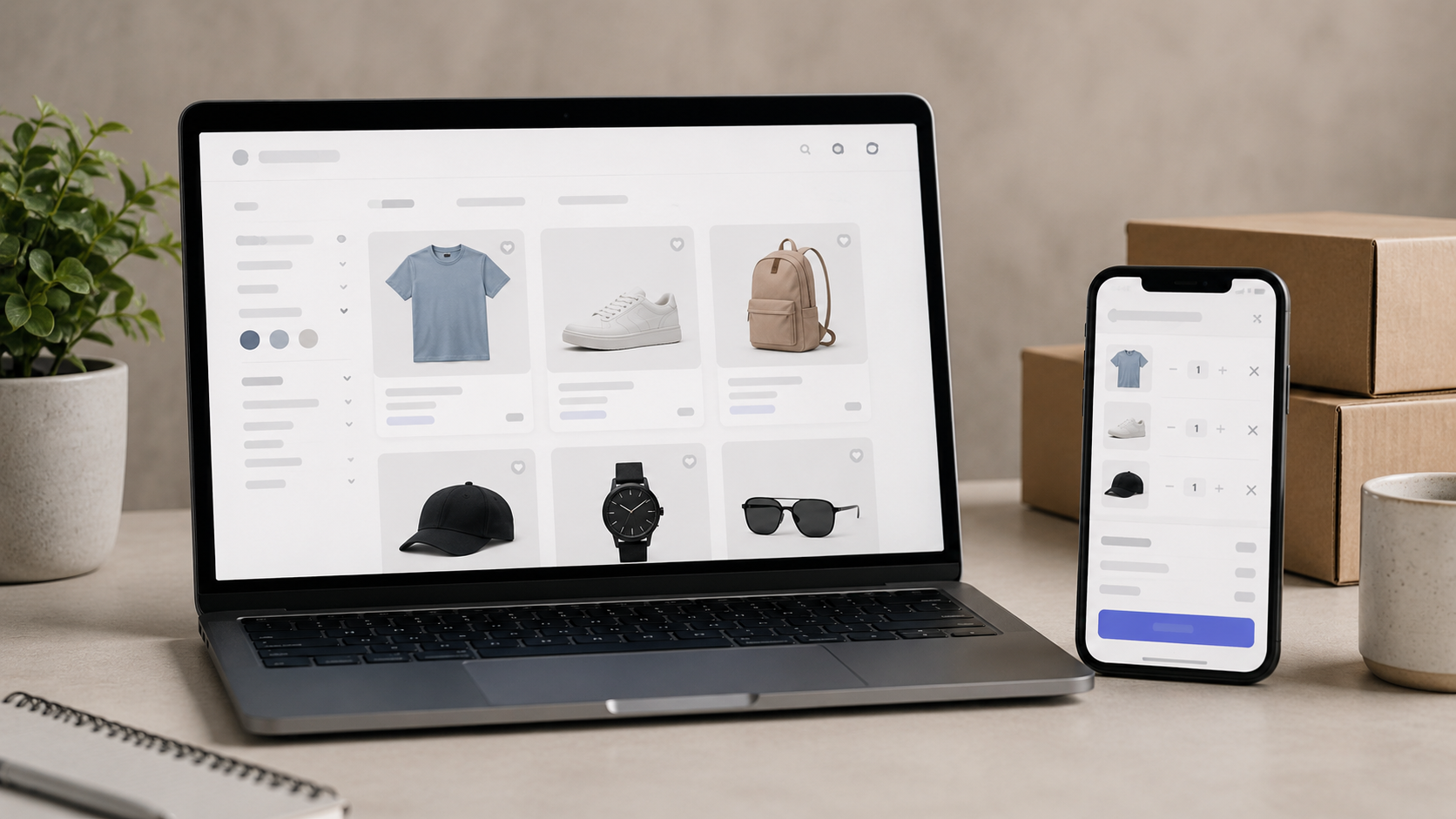 E-commerce visualizzato su laptop e smartphone con catalogo prodotti