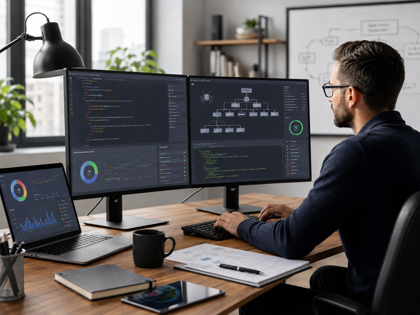 Server e monitor con log tecnici relativi alla scansione di un sito