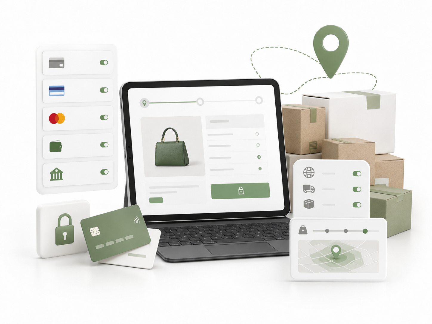 Checkout e-commerce con metodi di pagamento e configurazione delle spedizioni