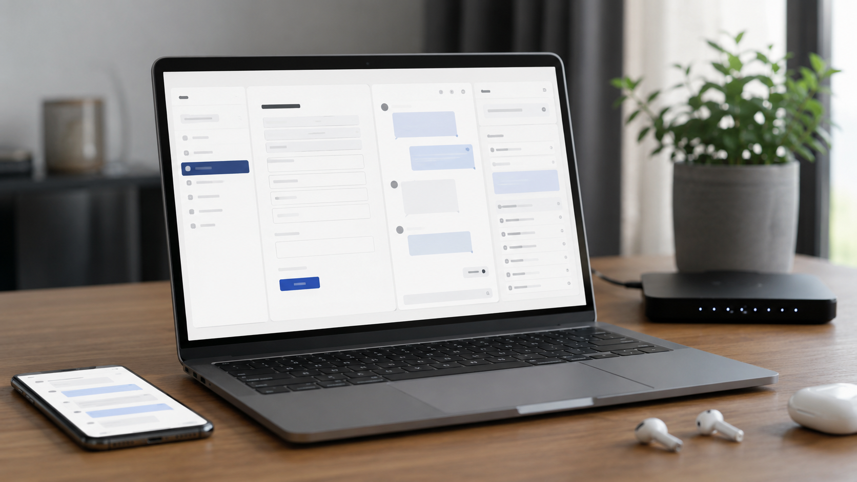 Interfaccia di moduli e messaggistica su laptop e smartphone