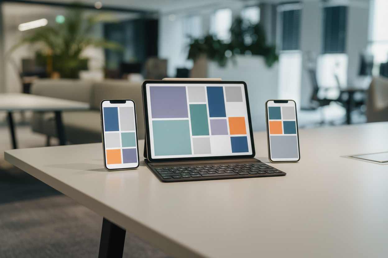 Monitor e smartphone con layout grafici astratti coordinati, senza loghi o testi leggibili