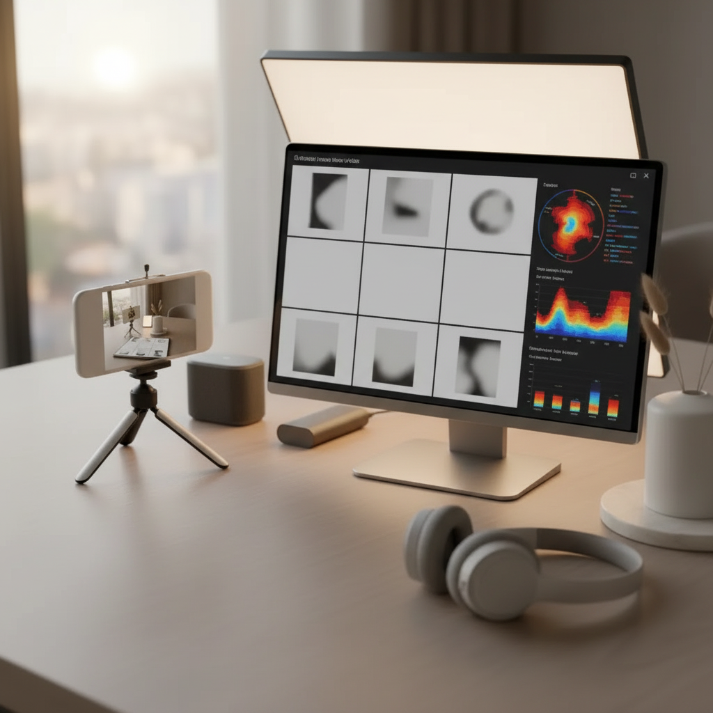 Monitor verticale con anteprime video astratte e timeline di editing, senza volti o marchi