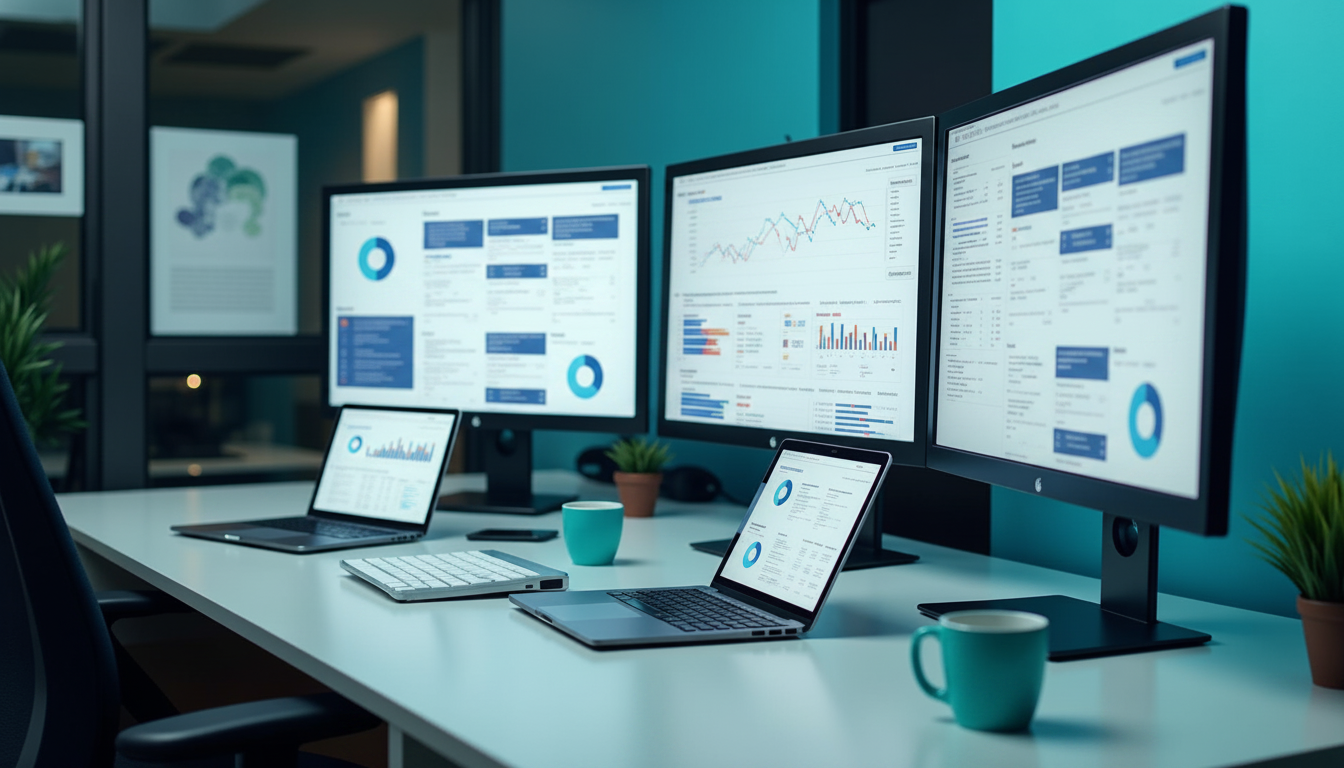 Dashboard pubblicitaria su monitor in ambiente ufficio, senza persone e senza loghi leggibili