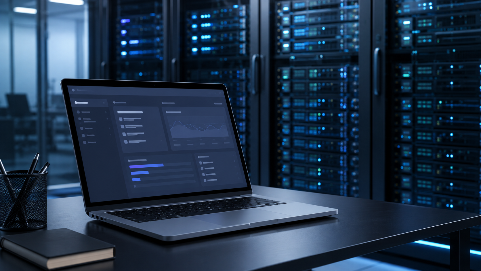 Postazione tecnica con laptop davanti a server per manutenzione del sito