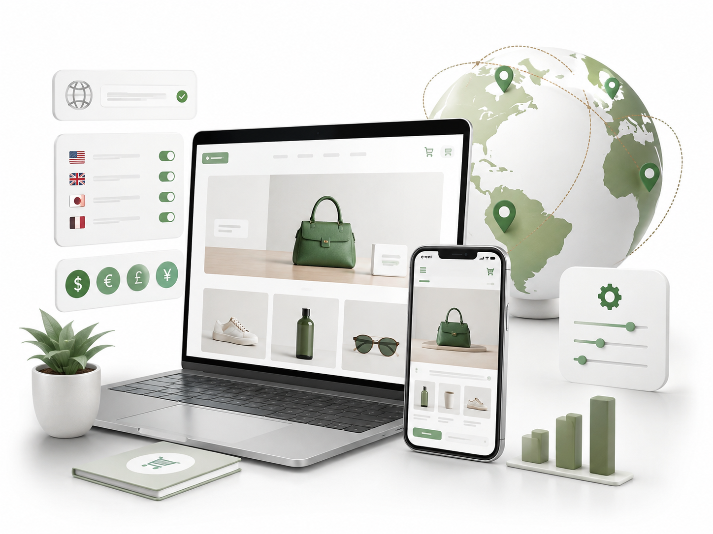 Negozio e-commerce su laptop e smartphone con configurazione per mercati internazionali