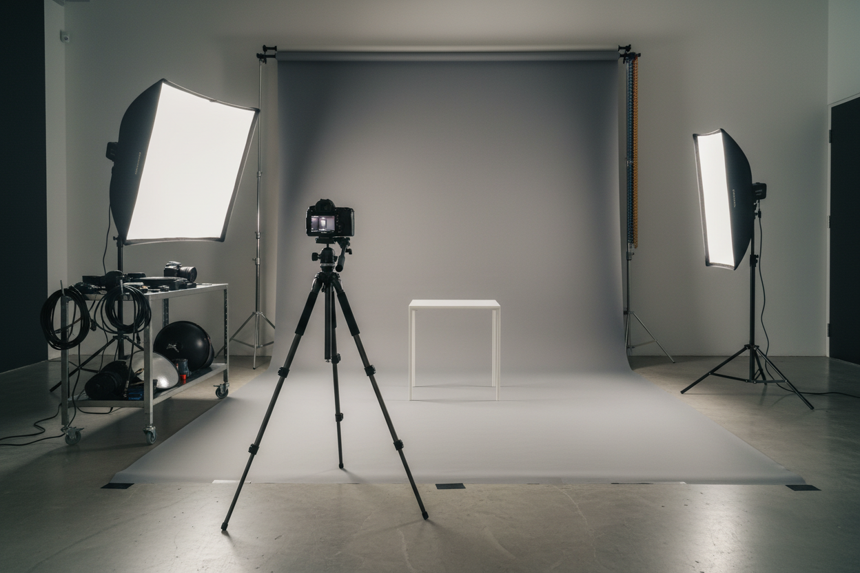 Attrezzatura fotografica e videocamera in studio vuoto, senza persone, mani o marchi