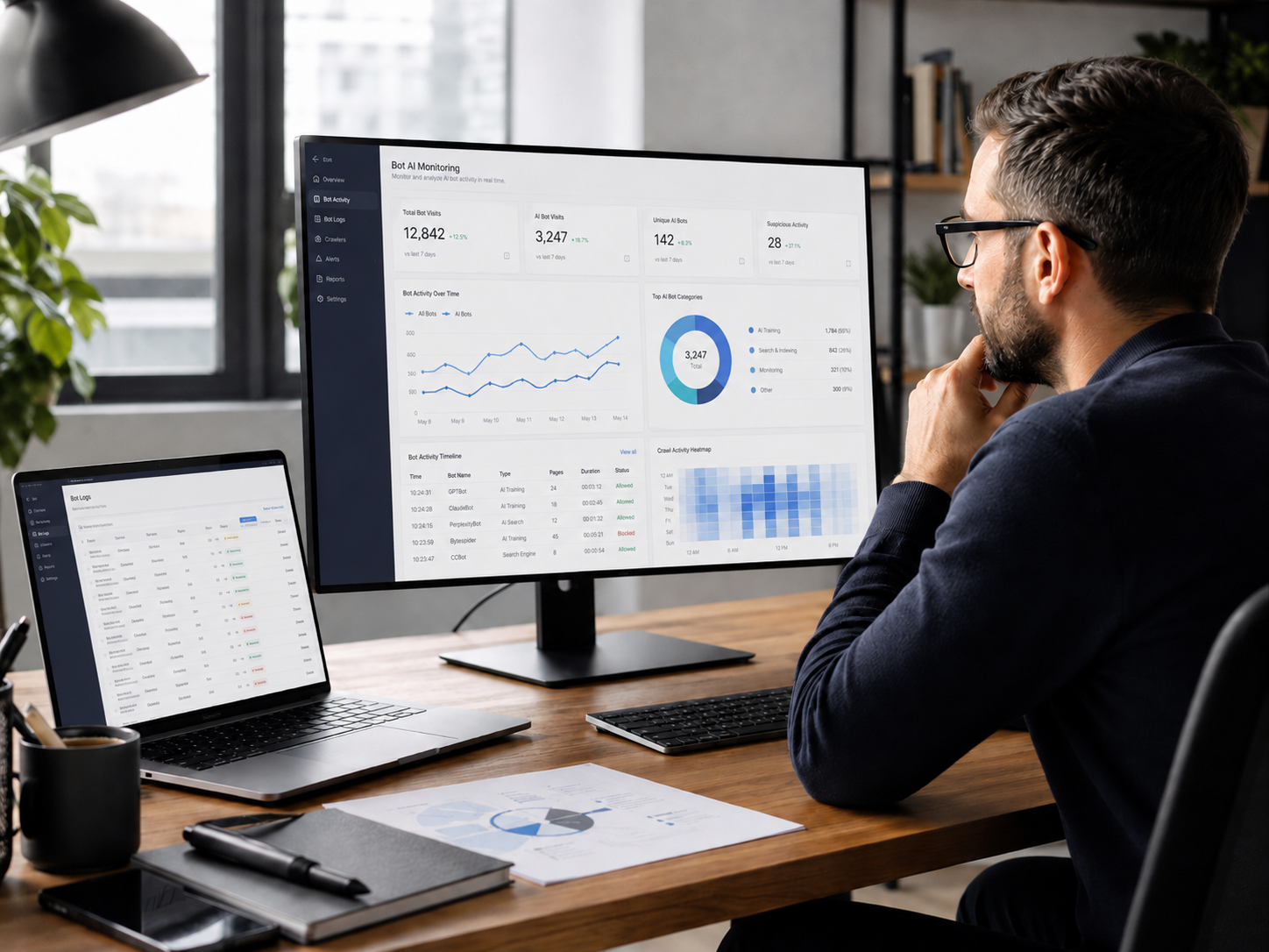 Dashboard con log di accesso e attività di crawler su pagine web