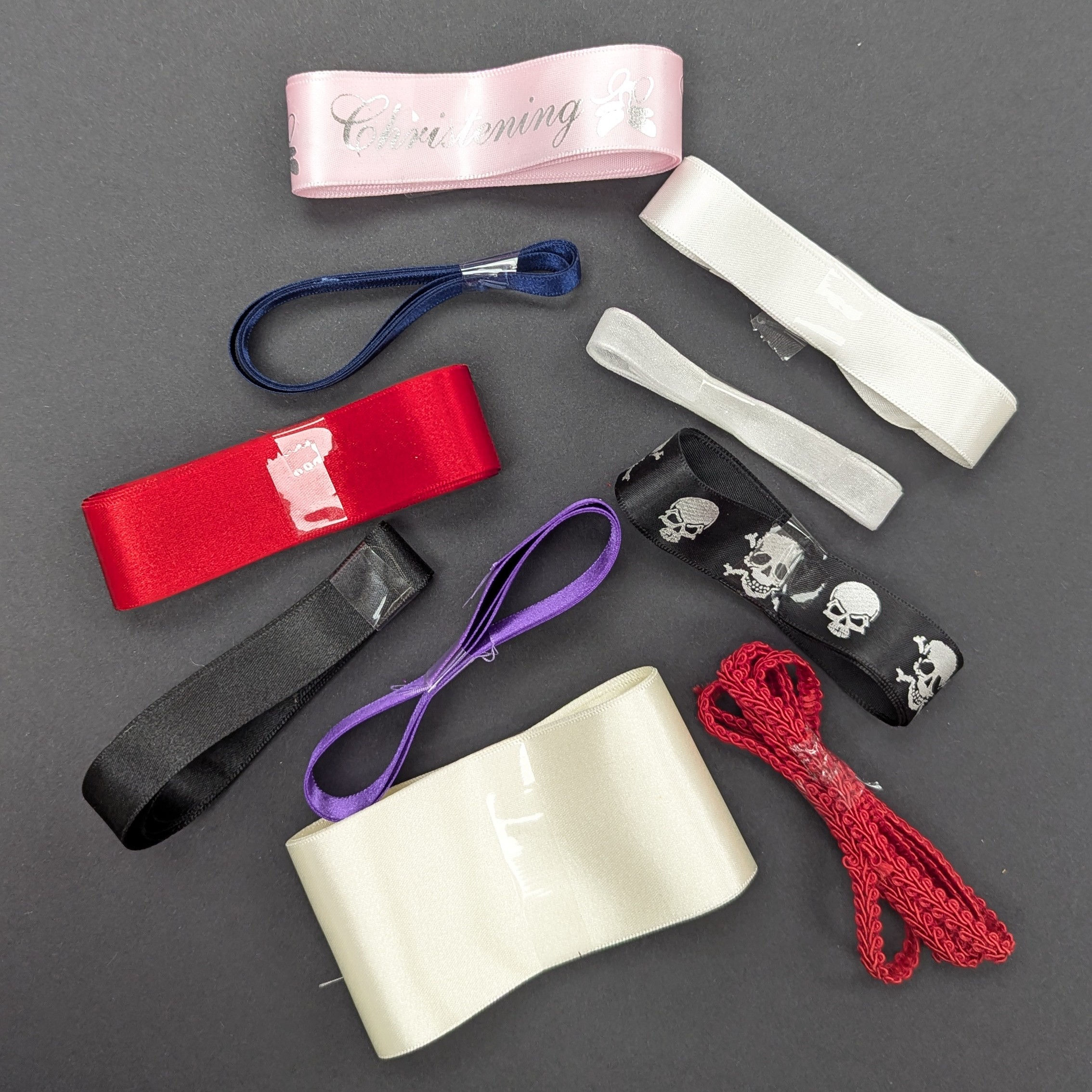 ribbon, ribbon off cuts, lace, skull, christening