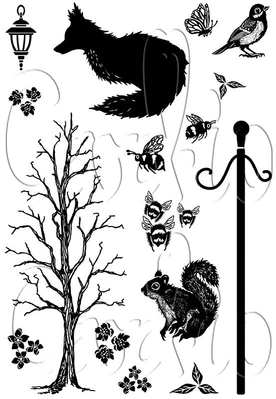 card-io stamps, cardio stamps, tree stamp, fox, squirrel, bees, birds