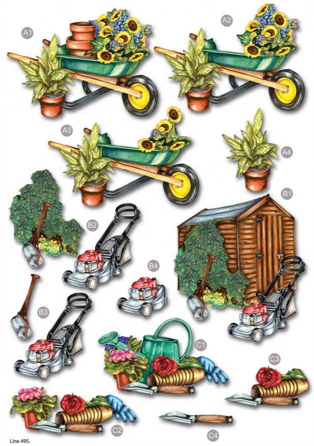 gardening, mens, mens decoupage, wheel barrow, shed