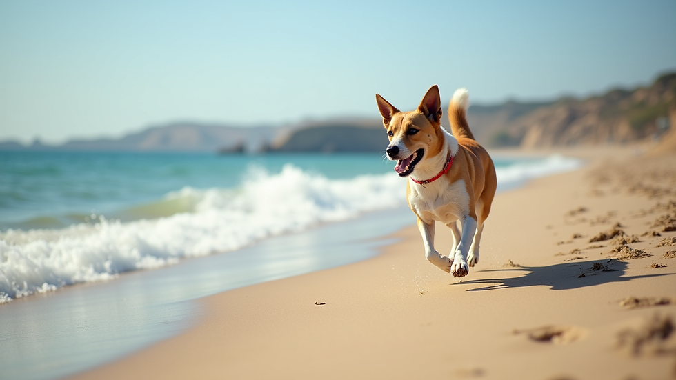 Wide angle view of a dog sprinting on the sandy beach near the water