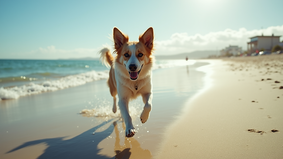 Eye-level view of a dog running energetically on a South Bay beach