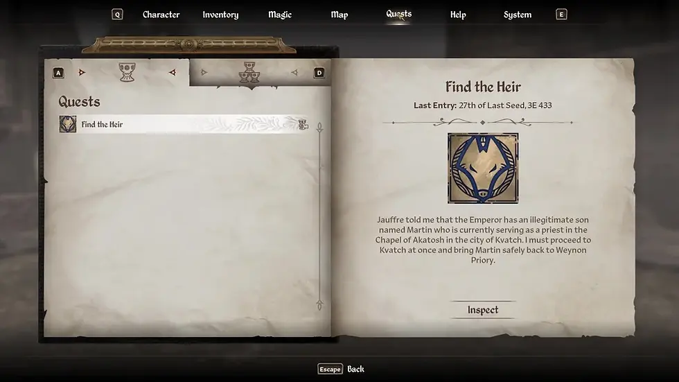 an image of the quest instructions for Find the heir quest in oblivion remastered