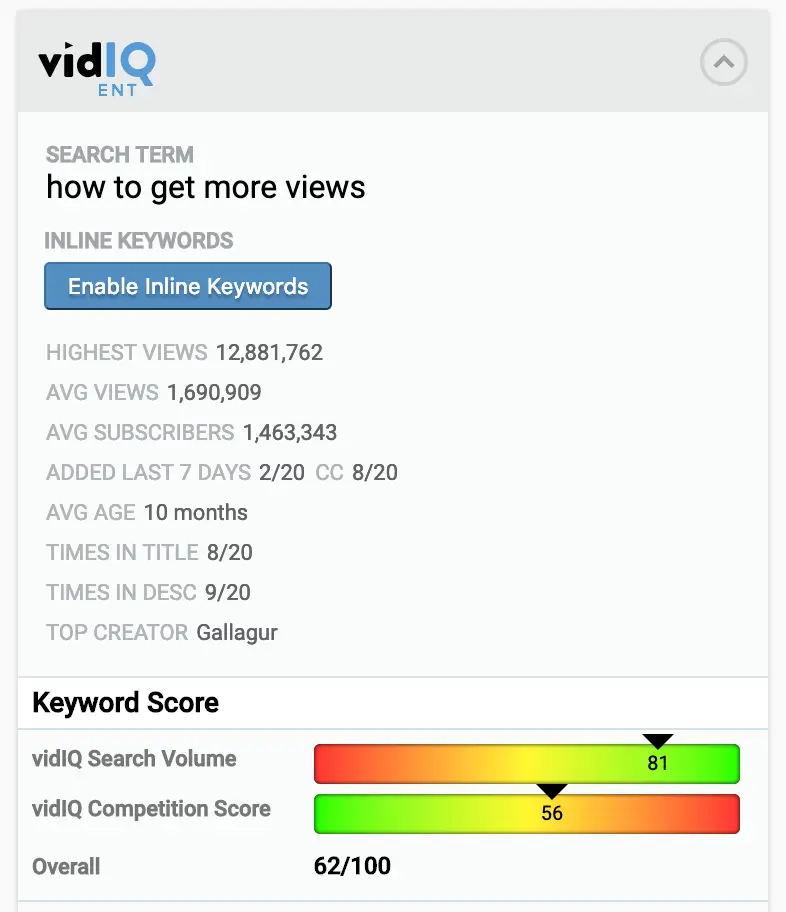 Vidiq Youtube keywords analysis tool