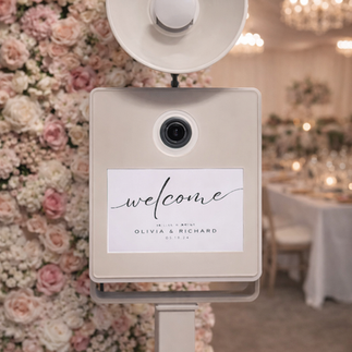 Fotobox Medium an einer Hochzeit im Kanton Aargau mit einem Studioblitz und einem personalisierten Hochzeitlayout vor einer Rosenwand