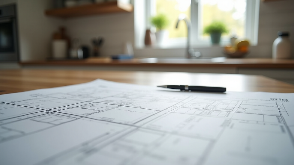 Eye-level view of kitchen layout plan on a table