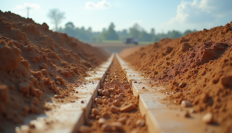 Eye-level view of a construction site showing graded land with drainage channels and compacted soil
