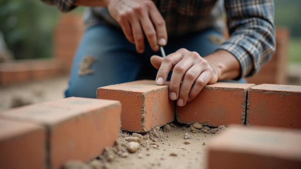 Eye-level view of mason installing bricks with proper joint spacing
