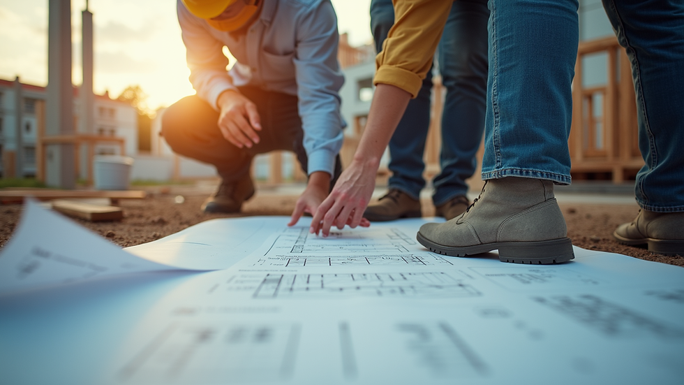 Eye-level view of a construction site with workers reviewing blueprints