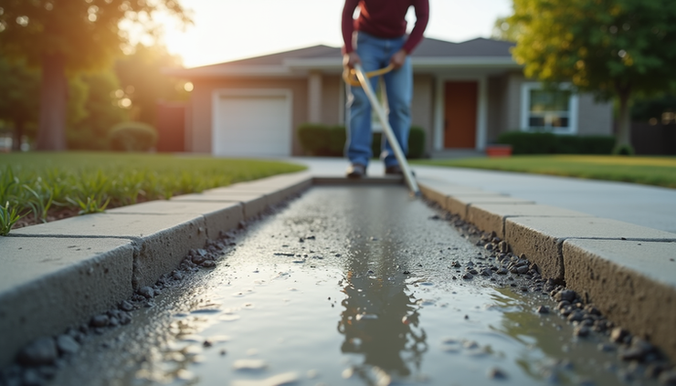 Eye-level view of concrete slab being poured on a residential driveway