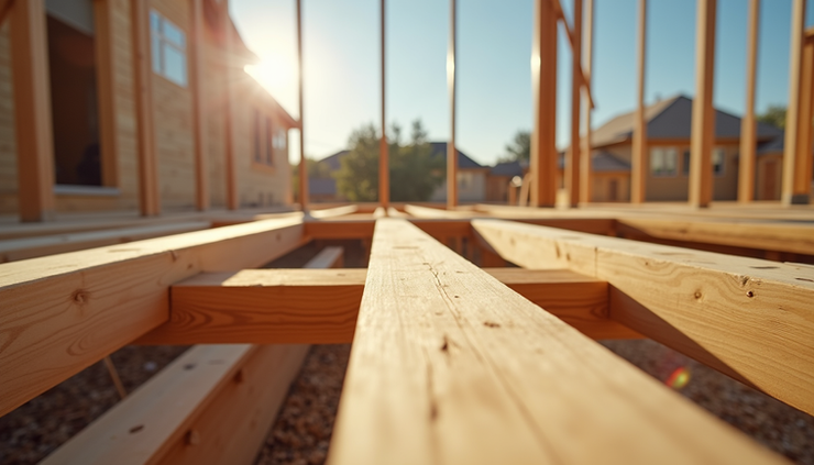 Eye-level view of a partially built wooden deck showing joists and beams