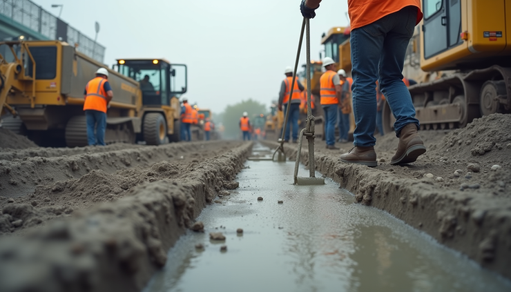 Eye-level view of concrete being poured on a construction site