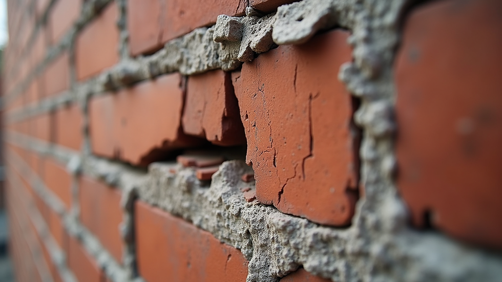 Close-up view of cracked brick wall showing mortar failure